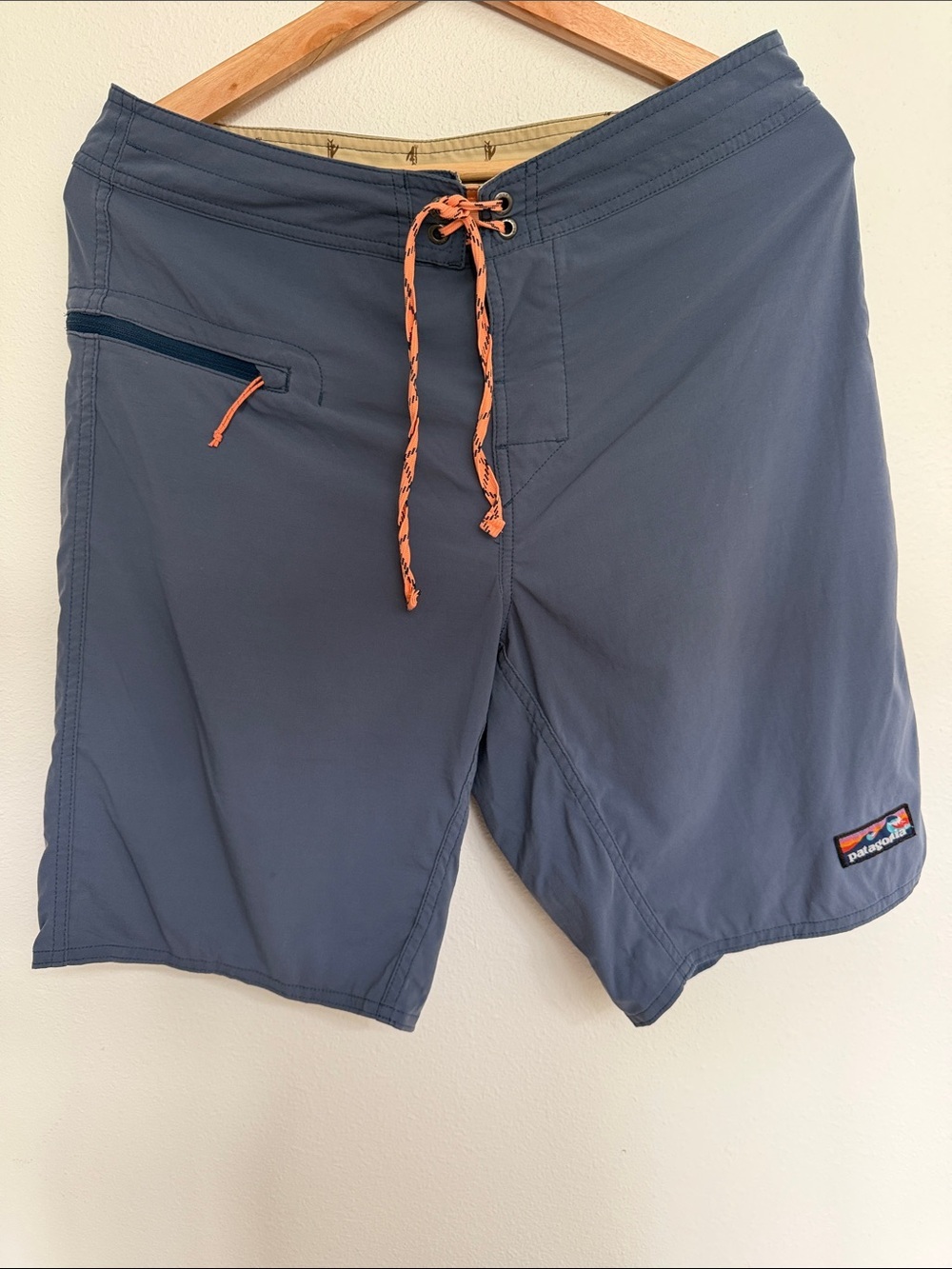 Patagonia Men's Slate Blue wave farer Board Shorts with Orange Drawcord